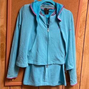 Vintage Versace sport 3 pieces shell skirt and hoodie. Trimmed in purple